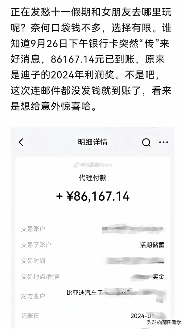 曝比亚迪突然向员工发放利润奖：有人到手10多万