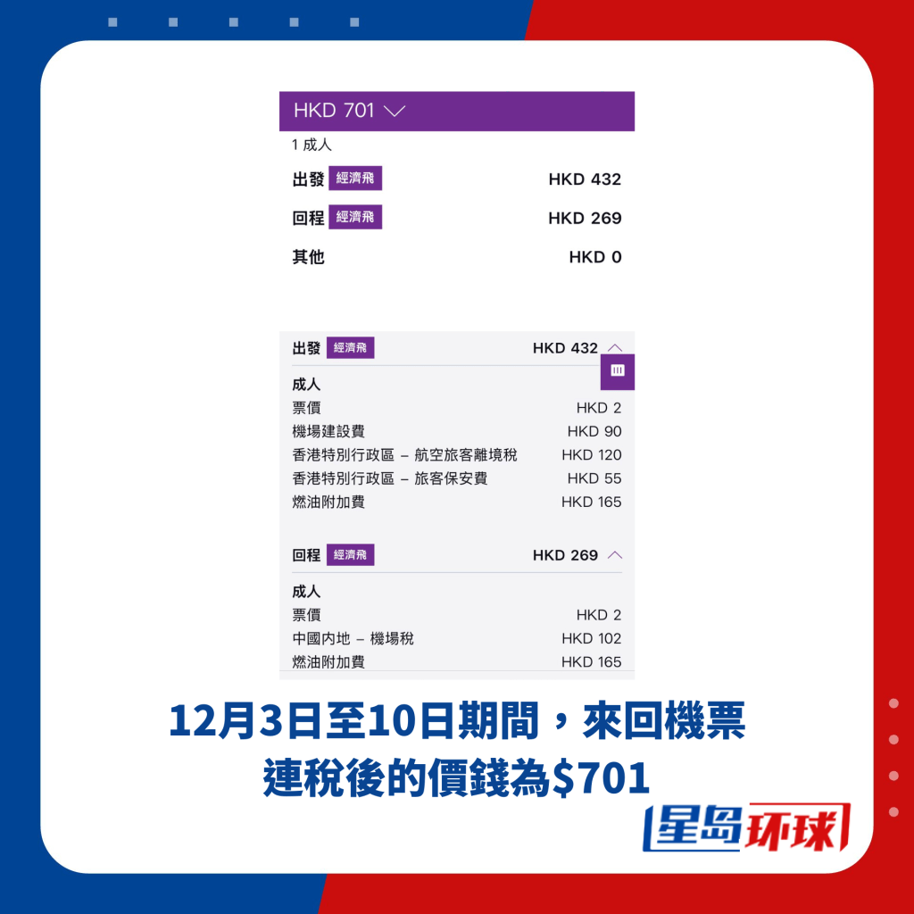 12月3日至10日期间，来回机票 连税后的价钱为$701