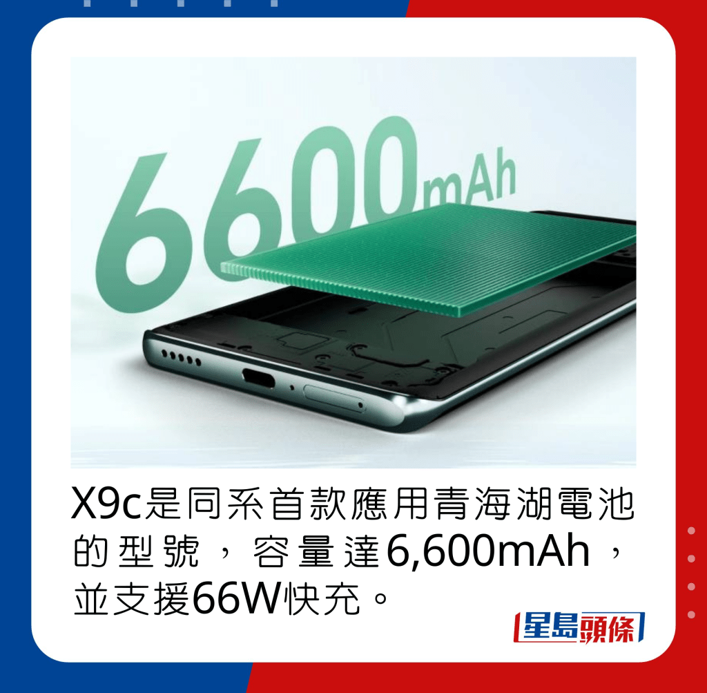 X9c是同系首款应用青海湖电池的型号，容量达6,600mAh，并支援66W快充。