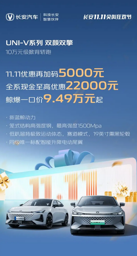 年轻人的第一台掀背轿跑！长安UNI-V限时9.49万起 至高优惠2.2万元