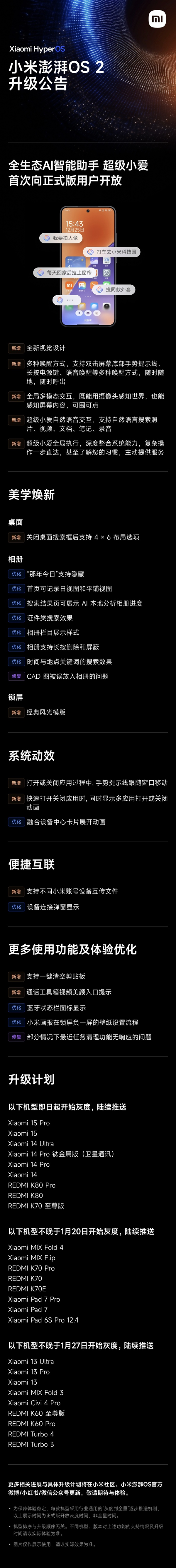 超级小爱首次面向正式版用户开放升级：小米15/REDMI K80系列首发尝鲜