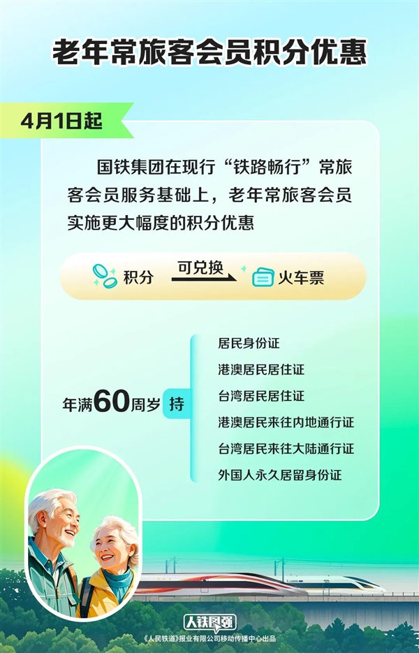 60岁老人新福利！买火车票获赠15倍积分 可兑换车票